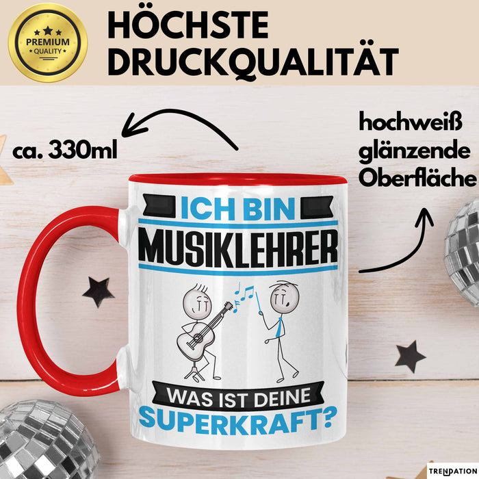 Musiklehrer Tasse Geschenk für Musiklehrer Geburtstag Lustiger Spruch Kaffee-Becher Was Ist Deine Superkraft Rot Trendation