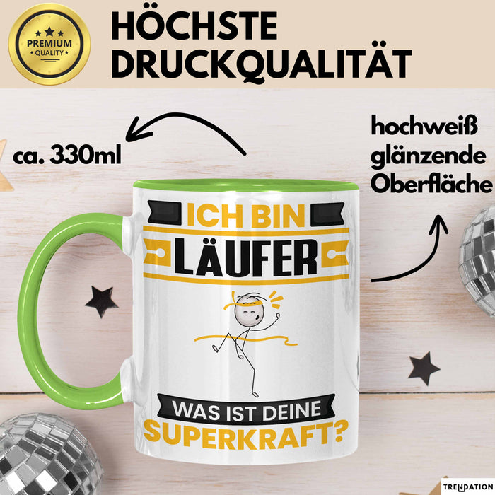 Läufer Tasse Geschenk für Läufer Geburtstag Lustiger Spruch Kaffee-Becher Was Ist Deine Superkraft Grün Trendation