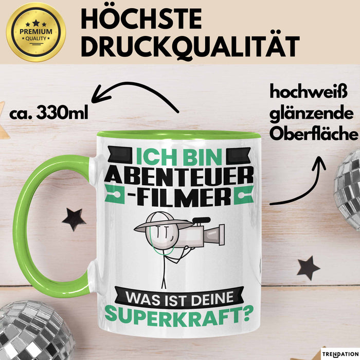 Abenteuerfilmer Tasse Geschenk für Abenteuerfilmer Geburtstag Lustiger Spruch Kaffee-Becher Was Ist Deine Superkraft Grün Trendation
