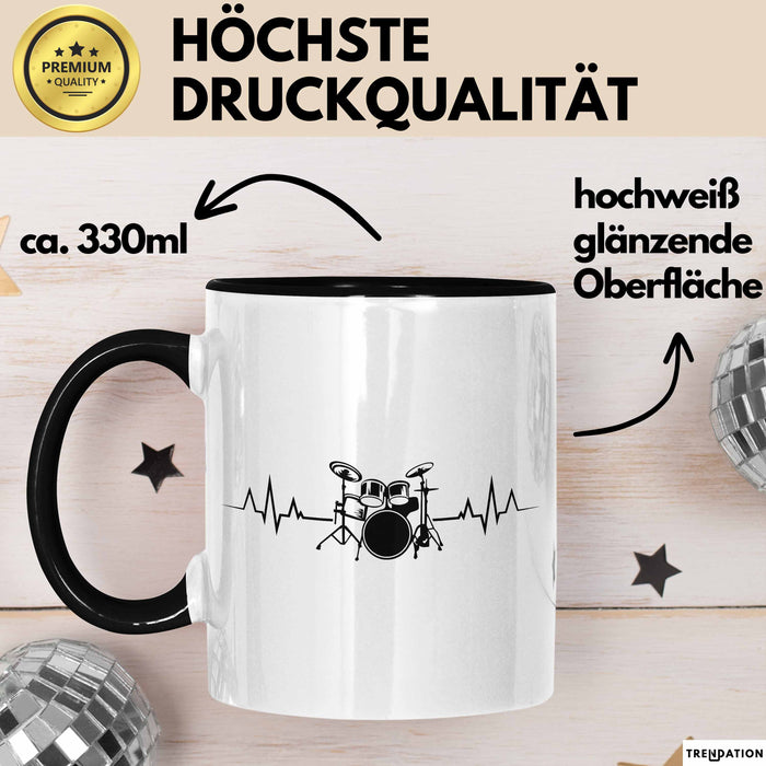 Drummer Schlagzeug-Spieler Geschenk Tasse Geschenkidee Kaffee-Becher Schlagzeuger Herzschlag Schwarz Trendation