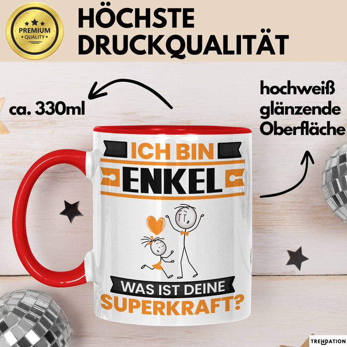 Enkel Tasse Geschenk für Enkel Geburtstag Lustiger Spruch Kaffee-Becher Was Ist Deine Superkraft Rot Trendation