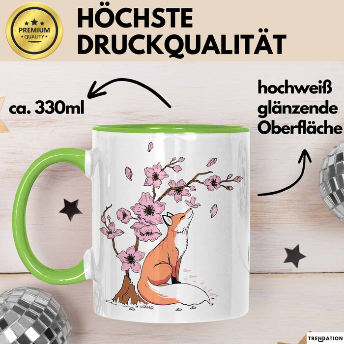 Fuchs Tasse Geschenk Fox Japanese Kirschblüte Blume Vintage Fuchs Kaffee-Becher Grün Trendation
