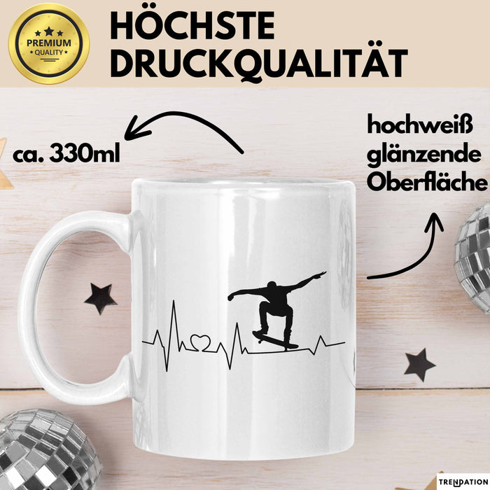 Skateboarder Geschenk Tasse Herzschlag Geschenkidee Jungs Skater Weiß Trendation
