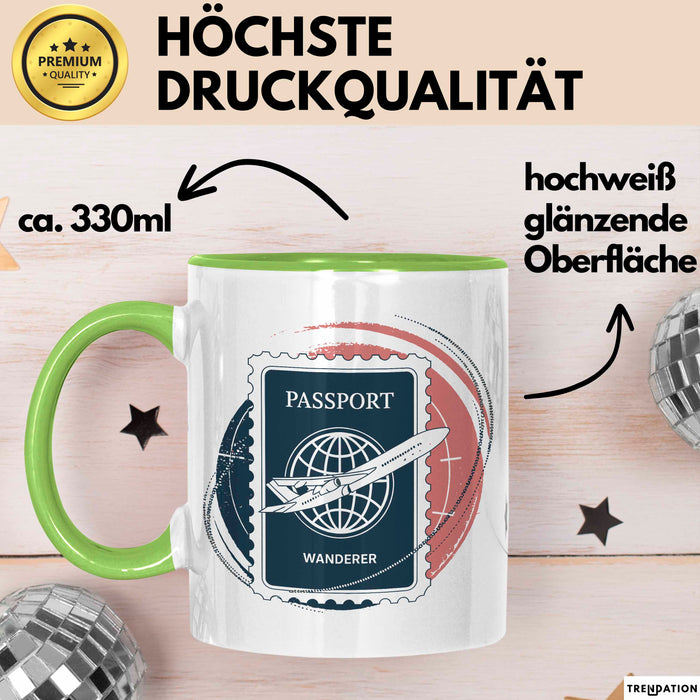 Weltenbummler Tasse Geschenkidee für Reisesüchtige Grün Trendation