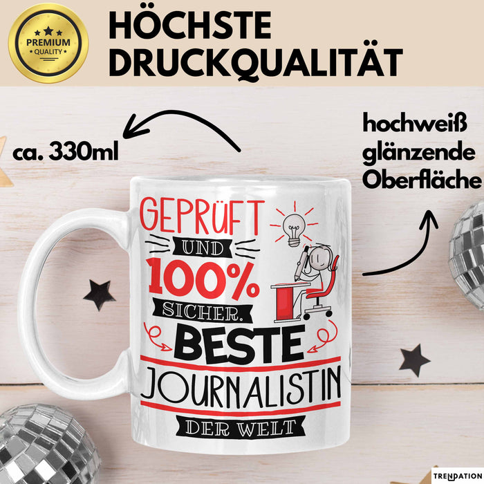 Beste Journalistin Der Welt Tasse Geschenk für Eine Journalistin Geprüft Und Sicher Geschenkidee Geburtstag Weihnachten Weiß Trendation