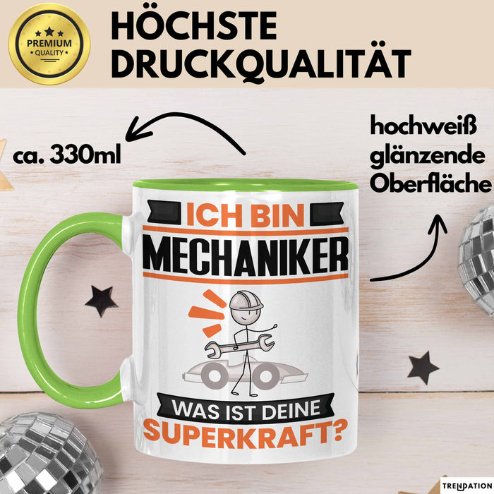 Mechaniker Tasse Geschenk für Mechaniker Geburtstag Lustiger Spruch Kaffee-Becher Was Ist Deine Superkraft Grün Trendation