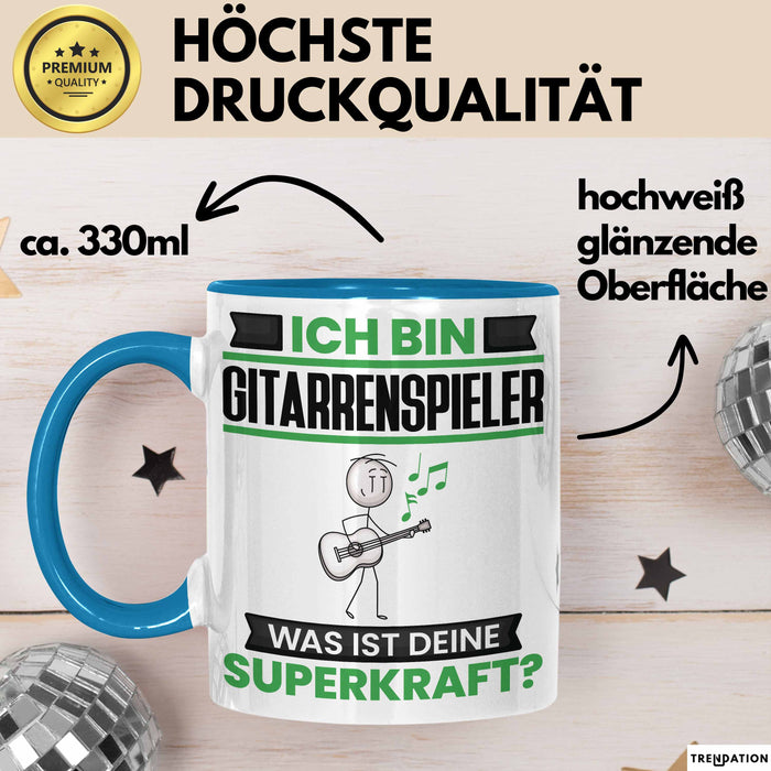 Gitarrenspieler Tasse Geschenk für Gitarrenspieler Geburtstag Lustiger Spruch Kaffee-Becher Was Ist Deine Superkraft Blau Trendation