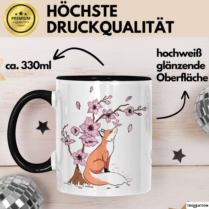 Fuchs Tasse Geschenk Fox Japanese Kirschblüte Blume Vintage Fuchs Kaffee-Becher Schwarz Trendation
