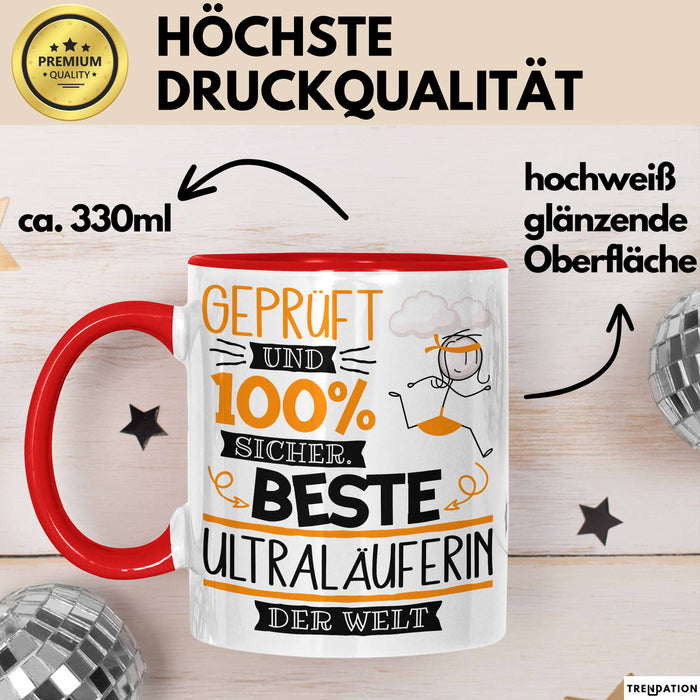 Beste Ultraläuferin Der Welt Tasse Geschenk für Eine Ultraläuferin Geprüft Und Sicher Geschenkidee Geburtstag Weihnachten Rot Trendation