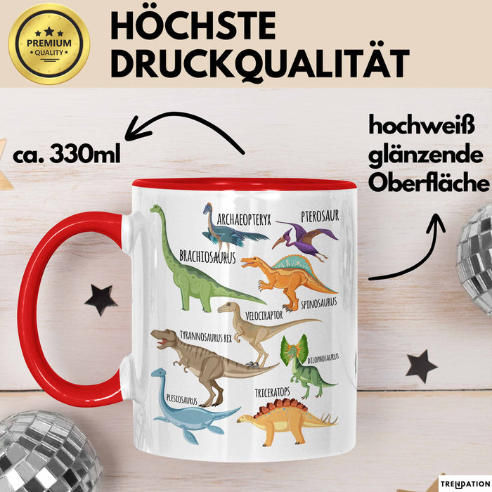 Dino Tasse Geschenk Dinosaurier Geschenkidee Jungs Dino-Fans T-Rex Arten Von Dinosaurieren Kakao Becher Becher Rot Trendation
