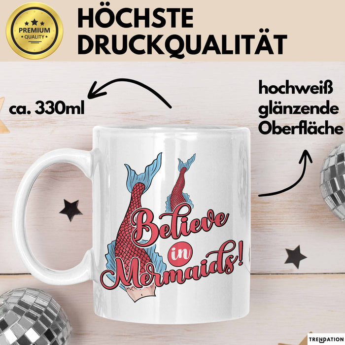 Meerjungfrau Geschenk Tasse für Mädchen Nymphe Nixe Becher Grafik Believe In Mermaids Weiß Trendation