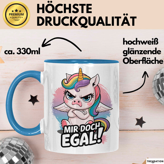 Sarkastisches Einhorn Tasse Geschenk Lustige Geschenkidee Spruch Mir Doch Egal Blau Trendation