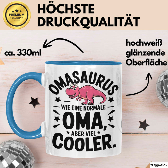 Oma Großmutter Tasse Becher Geschenk Lustige Geschenkidee Spruch Omasaurus Dinosaur Blau Trendation