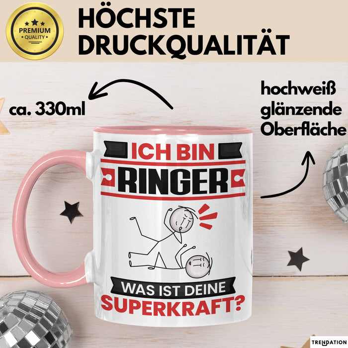Ringer Tasse Geschenk für Ringer Geburtstag Lustiger Spruch Kaffee-Becher Was Ist Deine Superkraft Rosa Trendation