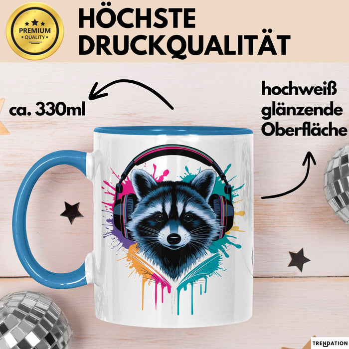 Waschbär Tierliebhaber Musik Kopfhörer Tasse Geschenk Lustige Geschenkidee Spruch Blau Trendation
