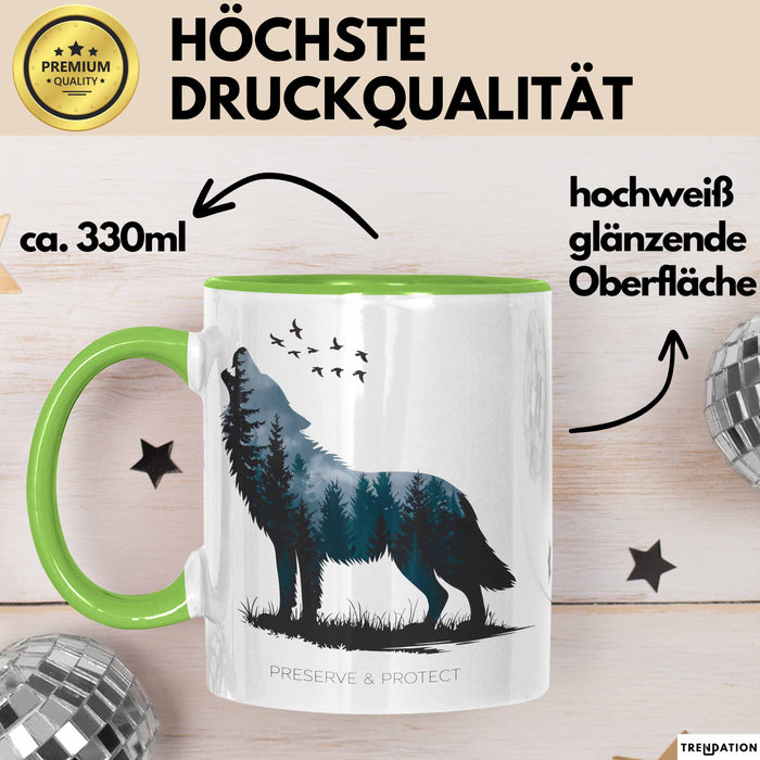Klimaschutz Tasse Geschenk Erhalten Schützen Wolf Tiermotiv Grün Trendation