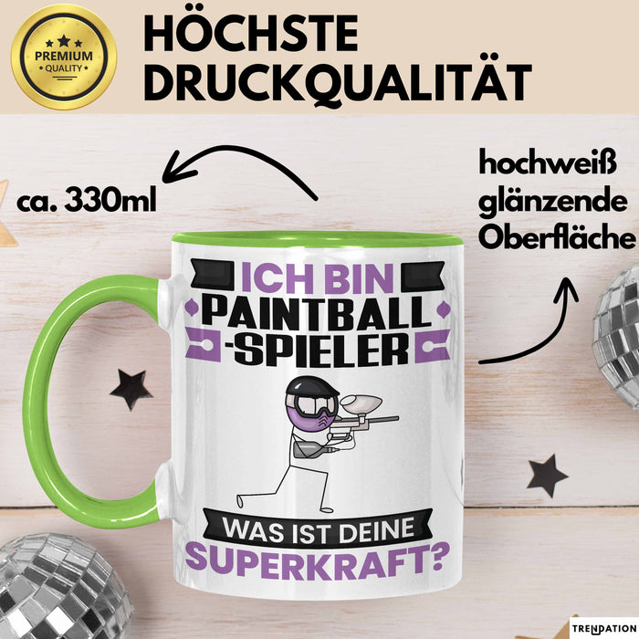 Paintballspieler Tasse Geschenk für Paintballspieler Geburtstag Lustiger Spruch Kaffee-Becher Was Ist Deine Superkraft Grün Trendation