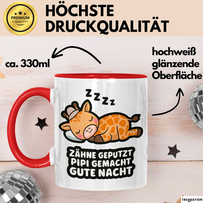 Schlafende Giraffe Tasse Geschenk Lustige Geschenkidee Spruch Zähne Geputzt Pipi Gemacht Gute Nacht Rot Trendation