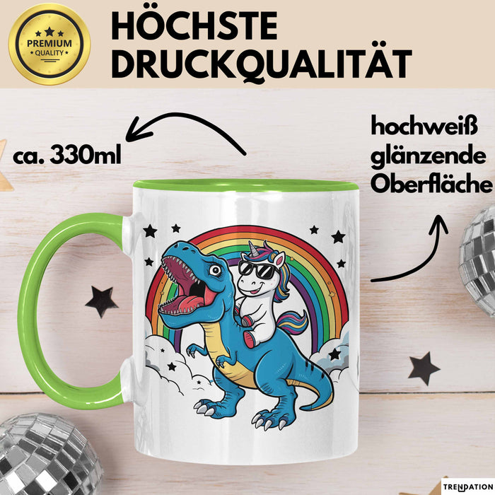 Einhorn Liebhaber Tasse Geschenk Einhorn Reitet Auf Dinosauriere T-Rex Dino Frauen Geschenk Grün Trendation