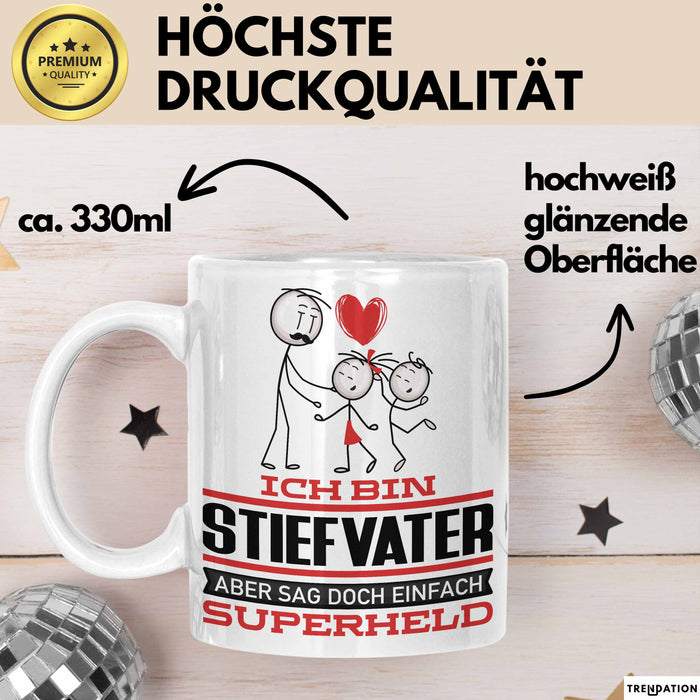 Stiefvater Geschenk Tasse Ich Bin Stiefvater Aber Sag Doch Einfach Superheld Lustige Geschenkdiee für Stiefvater Kaffee-Becher Weiß Trendation
