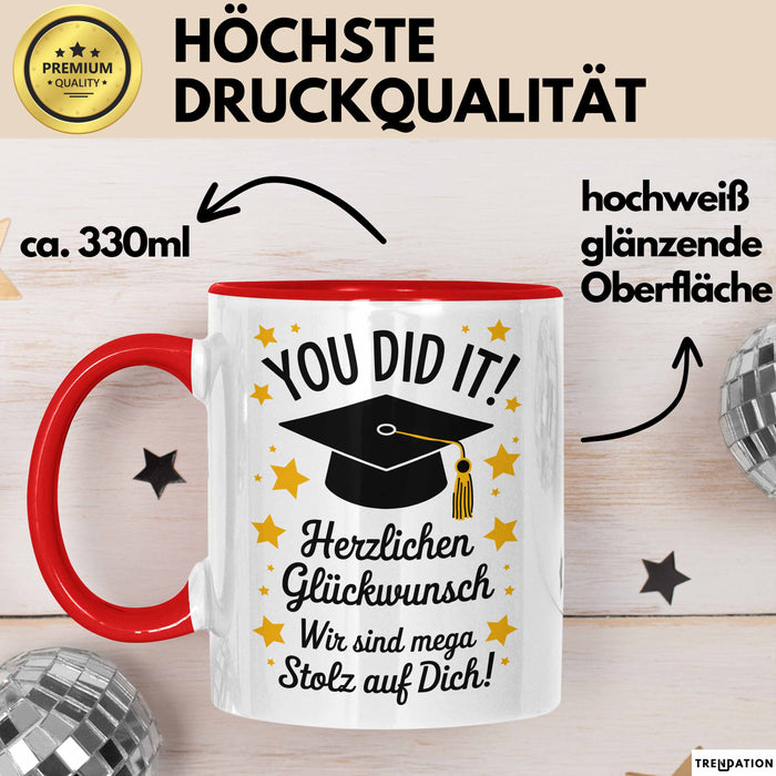Schüler Abschluss Tasse Geschenk Lustige Geschenkidee Spruch Herzlichen Glückwünsche Rot Trendation