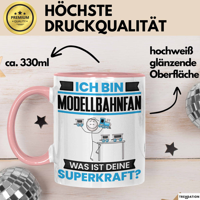 Modellbahnfan Tasse Geschenk für Modellbahnfan Geburtstag Lustiger Spruch Kaffee-Becher Was Ist Deine Superkraft Rosa Trendation