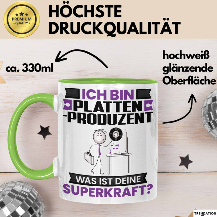 Plattenproduzent Tasse Geschenk für Plattenproduzent Geburtstag Lustiger Spruch Kaffee-Becher Was Ist Deine Superkraft Grün Trendation