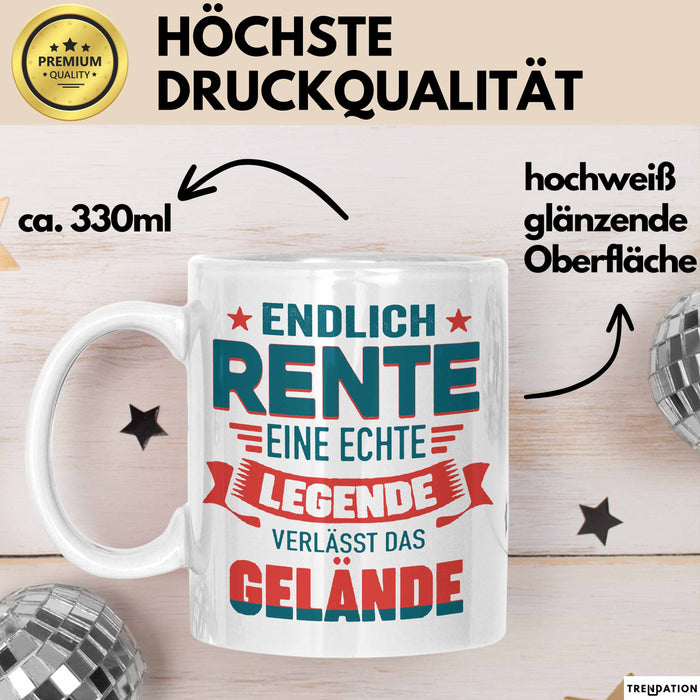 Rentner Pensionär Sarkasmus Tasse Geschenk Lustige Geschenkidee Spruch Endlich Rente Eine Echte Legende Verlässt Das Gelände Weiß Trendation