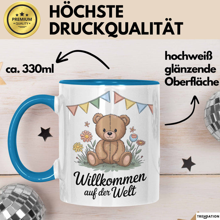Baby Geburt Neue Eltern Tasse Geschenk Lustige Geschenkidee Spruch Willkommen Auf Der Welt Blau Trendation