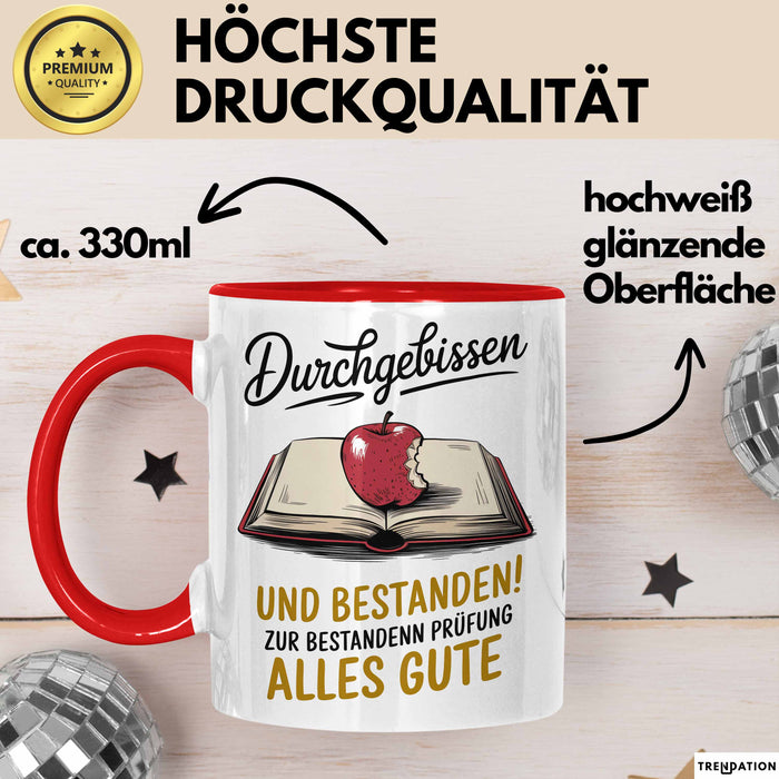 Schüler Abschluss Tasse Geschenk Lustige Geschenkidee Spruch Durchgebissen Und Bestanden Rot Trendation