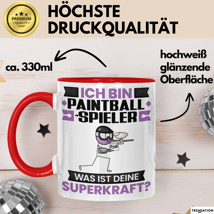 Paintballspieler Tasse Geschenk für Paintballspieler Geburtstag Lustiger Spruch Kaffee-Becher Was Ist Deine Superkraft Rot Trendation