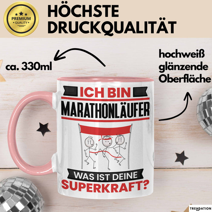 Marathonläufer Tasse Geschenk für Marathonläufer Geburtstag Lustiger Spruch Kaffee-Becher Was Ist Deine Superkraft Rosa Trendation