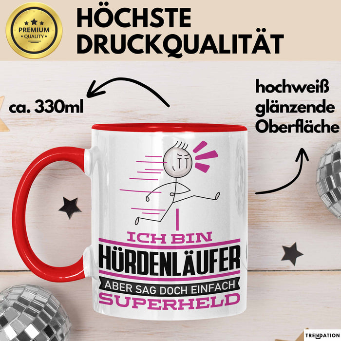 Hürdenläufer Geschenk Tasse Ich Bin Hürdenläufer Aber Sag Doch Einfach Superheld Lustige Geschenkdiee für Hürdenläufer Kaffee-Becher Rot Trendation