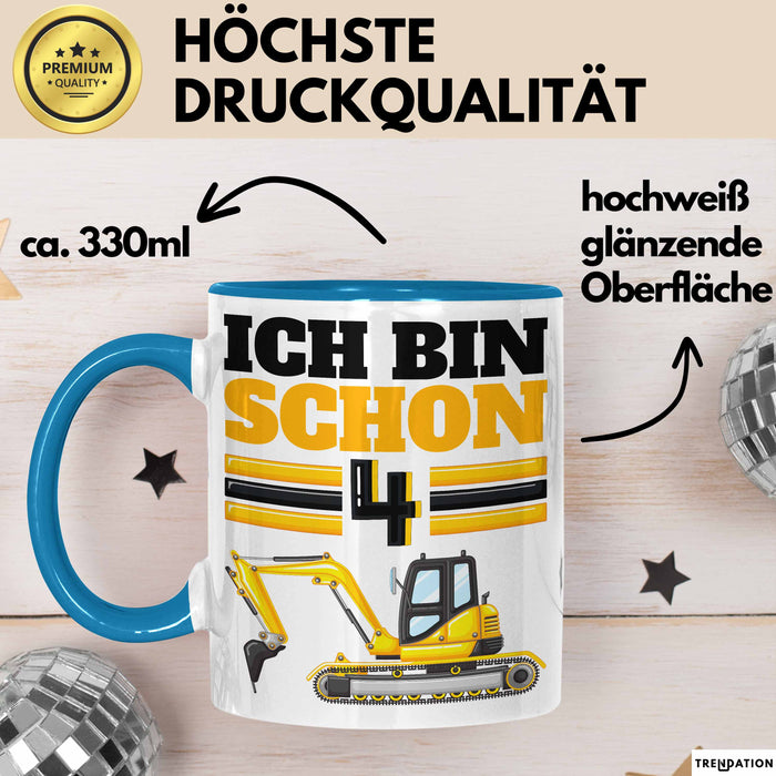 4. Geburtstag Geschenk Tasse Becher Jungs Bagger Ich Bin Schon 4 Blau Trendation