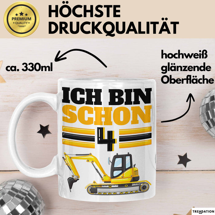 4. Geburtstag Geschenk Tasse Becher Jungs Bagger Ich Bin Schon 4 Weiß Trendation