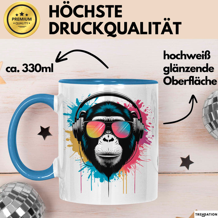 DJ Affe mit Sonnenbrille Tasse Becher Geschenk Lustige Geschenkidee Spruch Blau Trendation