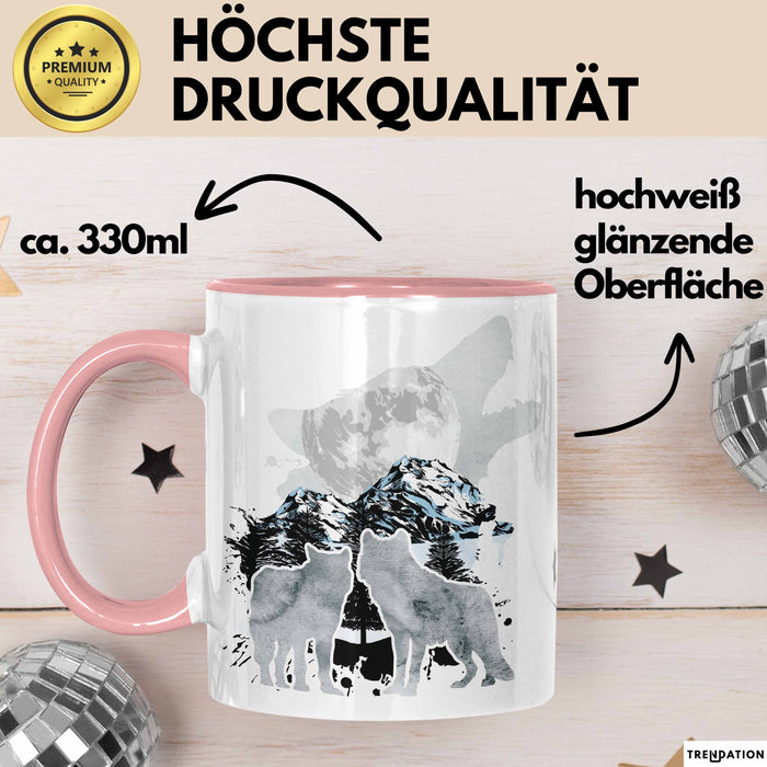 Wolf Tasse Geschenk Heulender Wolf Vögel Mond Silhouetten Geschenkidee Rosa Trendation