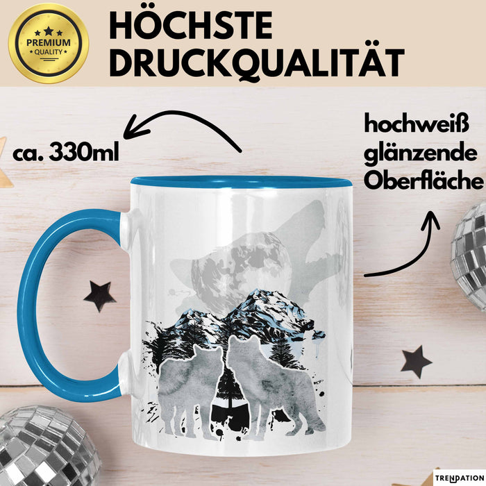 Wolf Tasse Geschenk Heulender Wolf Vögel Mond Silhouetten Geschenkidee Blau Trendation