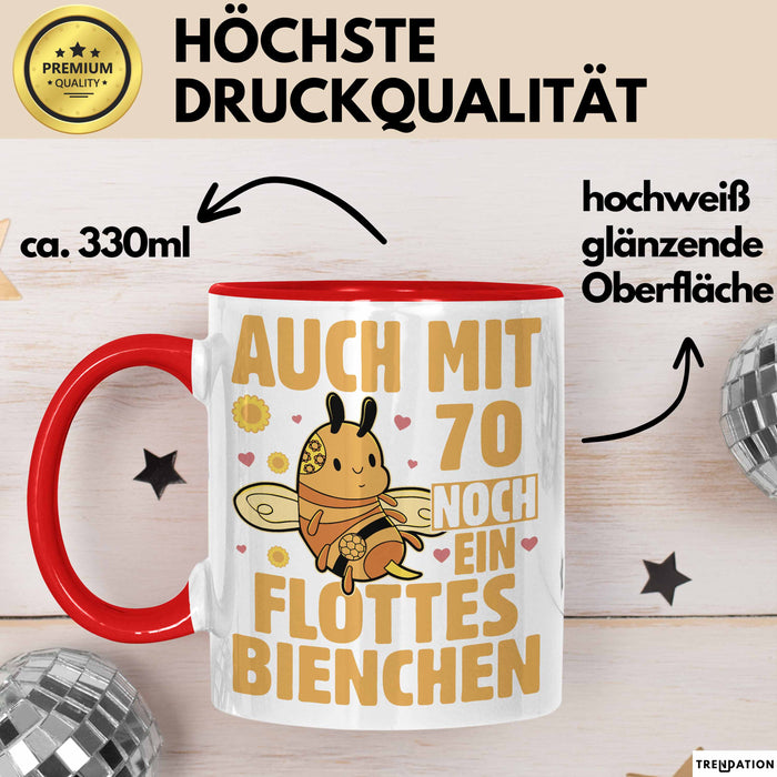 70. Geburtstag Tasse Geschenk Frauen Mutter Lustig Auch mit 70 Noch Ein Flottes Bienchen Kaffee-Becher Rot Trendation