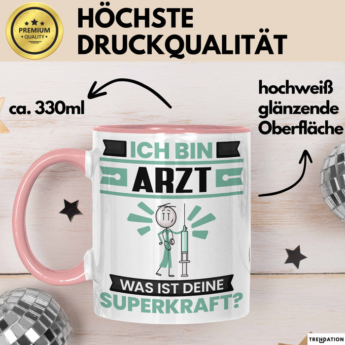 Arzt Tasse Geschenk für Arzt Geburtstag Lustiger Spruch Kaffee-Becher Was Ist Deine Superkraft Rosa Trendation