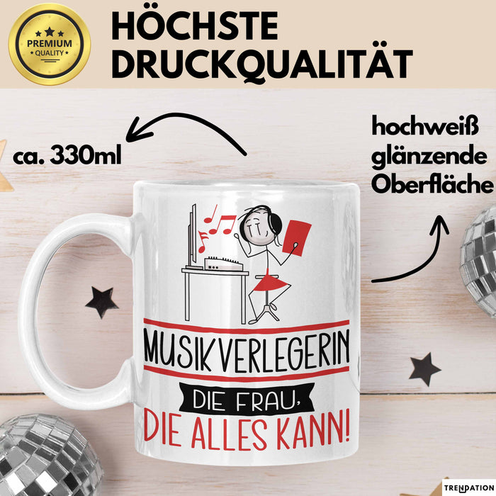 Musikverlegerin Geschenk Tasse Becher Die Frau Die Allen Kann Geschenkidee für eine Musikverlegerin Lustig Weiß Trendation