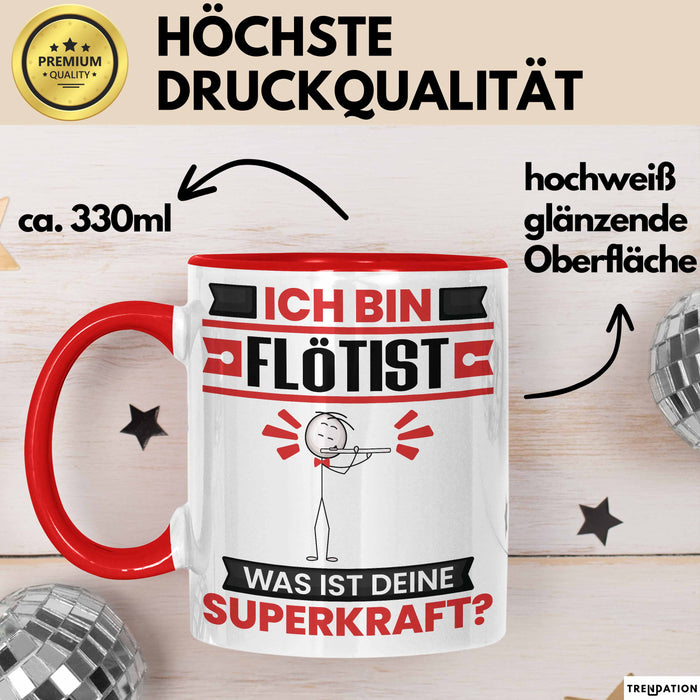 Flötist Tasse Geschenk für Flötist Geburtstag Lustiger Spruch Kaffee-Becher Was Ist Deine Superkraft Rot Trendation