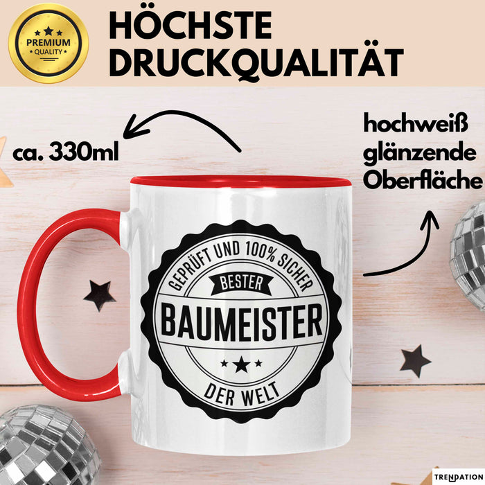 Bauarbeiter Tasse Geschenk 100% Bester Bauleiter Handwerker Geschenkidee Lustig Rot Trendation