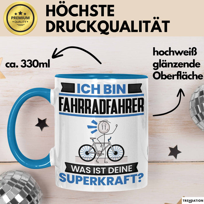 Fahrradfahrer Tasse Geschenk für Fahrradfahrer Geburtstag Lustiger Spruch Kaffee-Becher Was Ist Deine Superkraft Blau Trendation