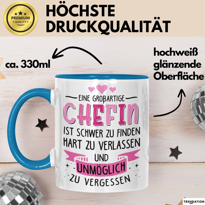 Büroarbeit Kollege Chef Tasse Geschenk Lustige Geschenkidee Spruch Eine Großartige Chefin Ist Schwer Zu Finden Blau Trendation