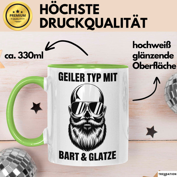 Glatzköpfige Männer Tasse Geschenk Lustige Geschenkidee Geiler Typ Mit Bart Und Glatze Grün Trendation