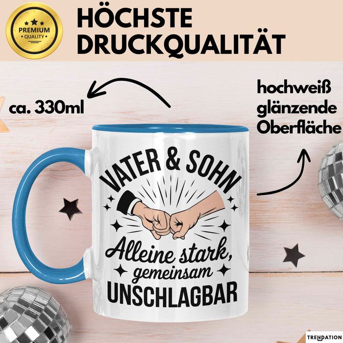 Papa Vatertag Vater Sohn Tasse Becher Geschenk Lustige Geschenkidee Spruch Vater & Sohn Alleine Stark Gemeinsam Unschlagbar Blau Trendation