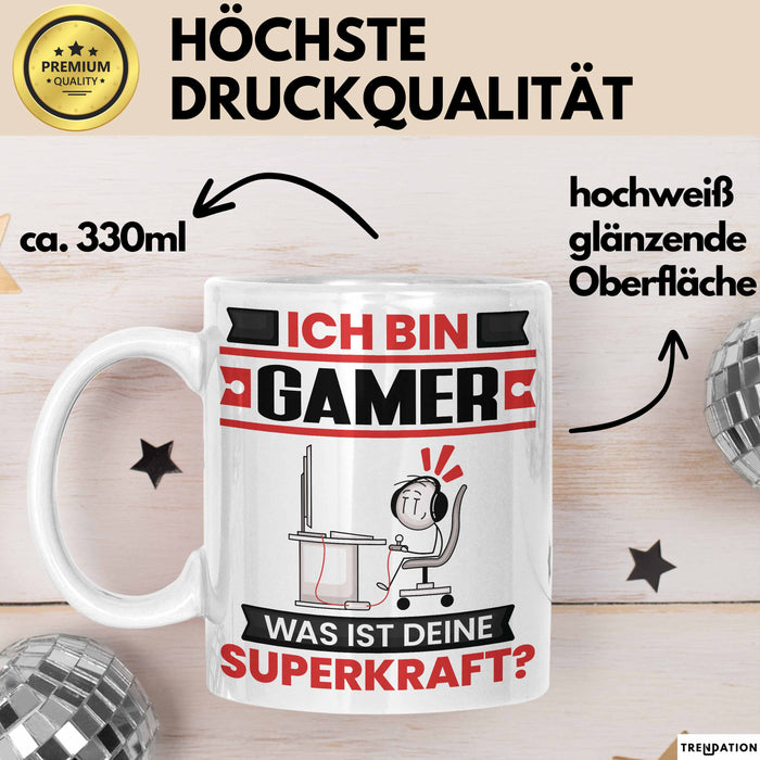 Gamer Tasse Geschenk für Gamer Geburtstag Lustiger Spruch Kaffee-Becher Was Ist Deine Superkraft Weiß Trendation