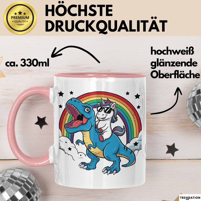 Einhorn Liebhaber Tasse Geschenk Einhorn Reitet Auf Dinosauriere T-Rex Dino Frauen Geschenk Rosa Trendation