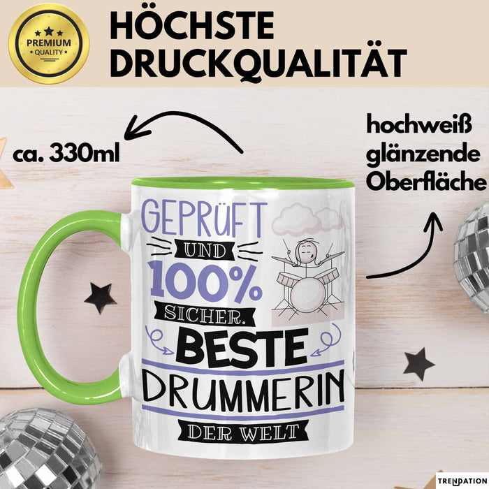 Beste Drummerin Der Welt Tasse Geschenk für Eine Drummerin Geprüft Und Sicher Geschenkidee Geburtstag Weihnachten Grün Trendation
